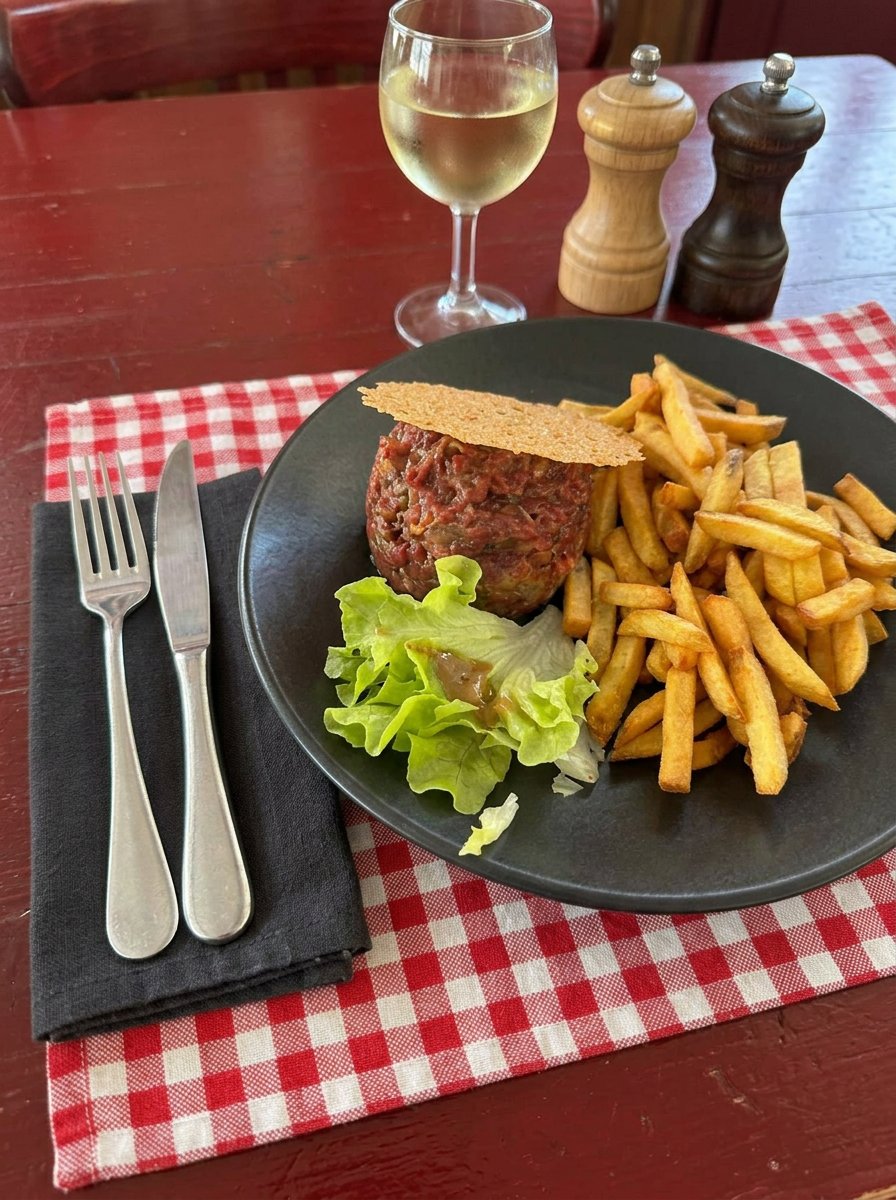 Tartare de bœuf, tuile de parmesan et frites maison
