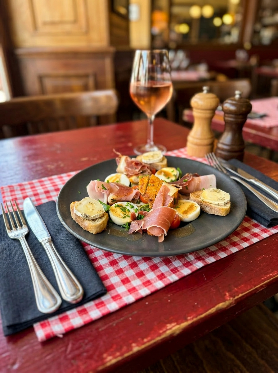 Salade Estoril : jambon, chèvre chaud, œufs et tomates cerise